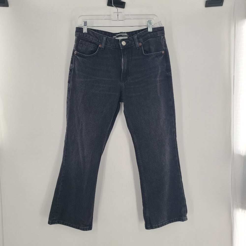 Zara Jeans Cropped Flare Low Rise Washed Black Rigid Cotton Straight Leg Size 6‎